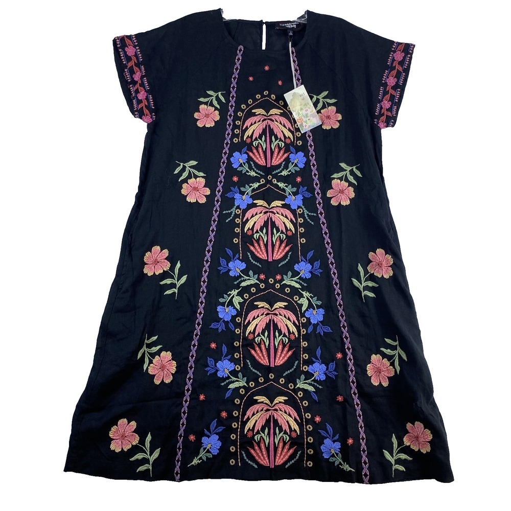NWT Johnny Was Mini Dress Sz S Black Embroidered Floral Boho Gauzy MSRP $340 - Picture 2 of 16